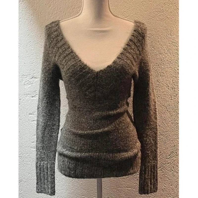 Aiertu Sexy Vintage V-neck Knitted Pullovers Women Early Y2k Grunge Sweaters Mujer Autumn Fashion Long Sleeve Pullovers Slim Aiertu
