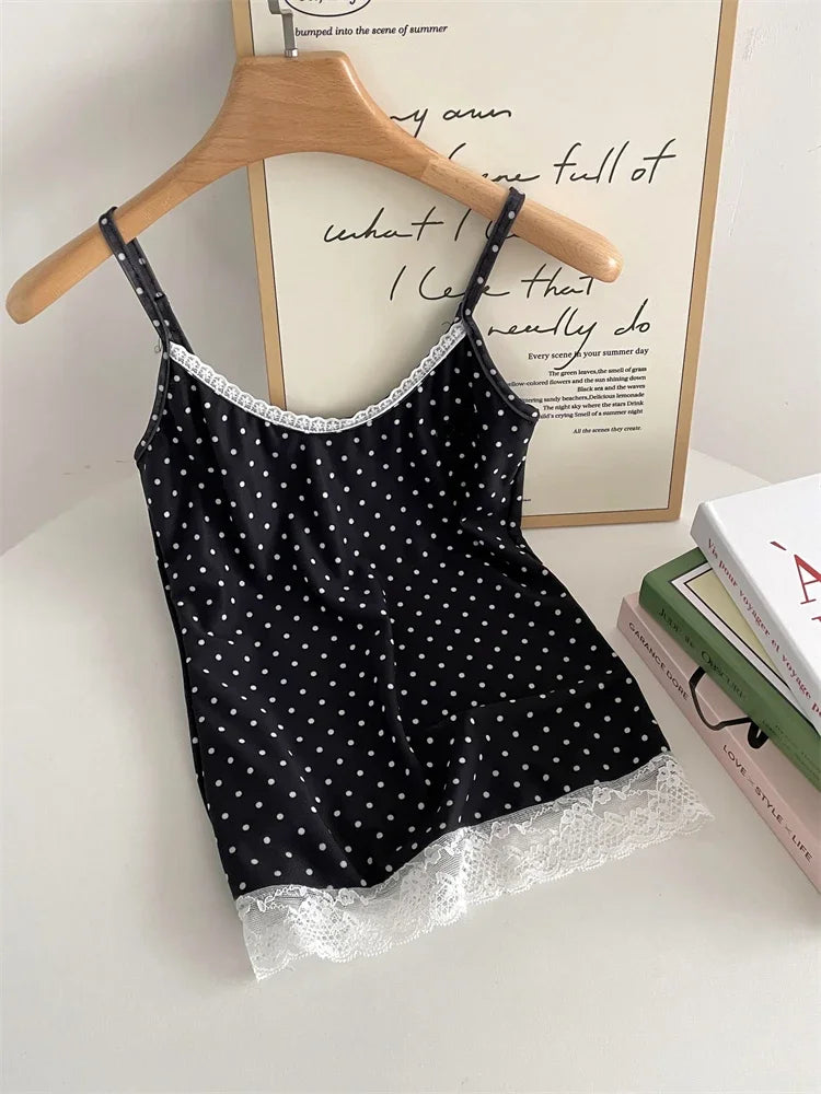 Aiertu Kawaii Sweet Lace Tanks Women Korean Fashion Y2k Harajuku Streetwear Polka Dot Printing Slim Tees Tops Soft Hot Gril 2024 Aiertu