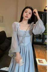 Aiertu Women Vintage Violet Print Square Neck Lace Fairy Dress Solid Elegant Bodycon Autumn Party Lady Pleated Princess Long Dress Boho Aiertu