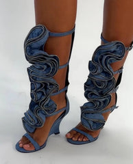AIERTU  -  Denim Light Blue Open Toe Wedge Sandals Oversized Zipper Ruffle Decor Multi Adjustable Ankle Buckle Straps Fashion Cool Style Aiertu