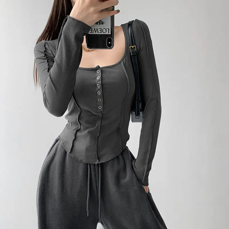 Aiertu T-shirts Women Skinny Inside Korean Fashion Spring Sexy Ladies Daily Long Sleeve Minimalist Solid Simple Chic Cozy Crops Design aiertu