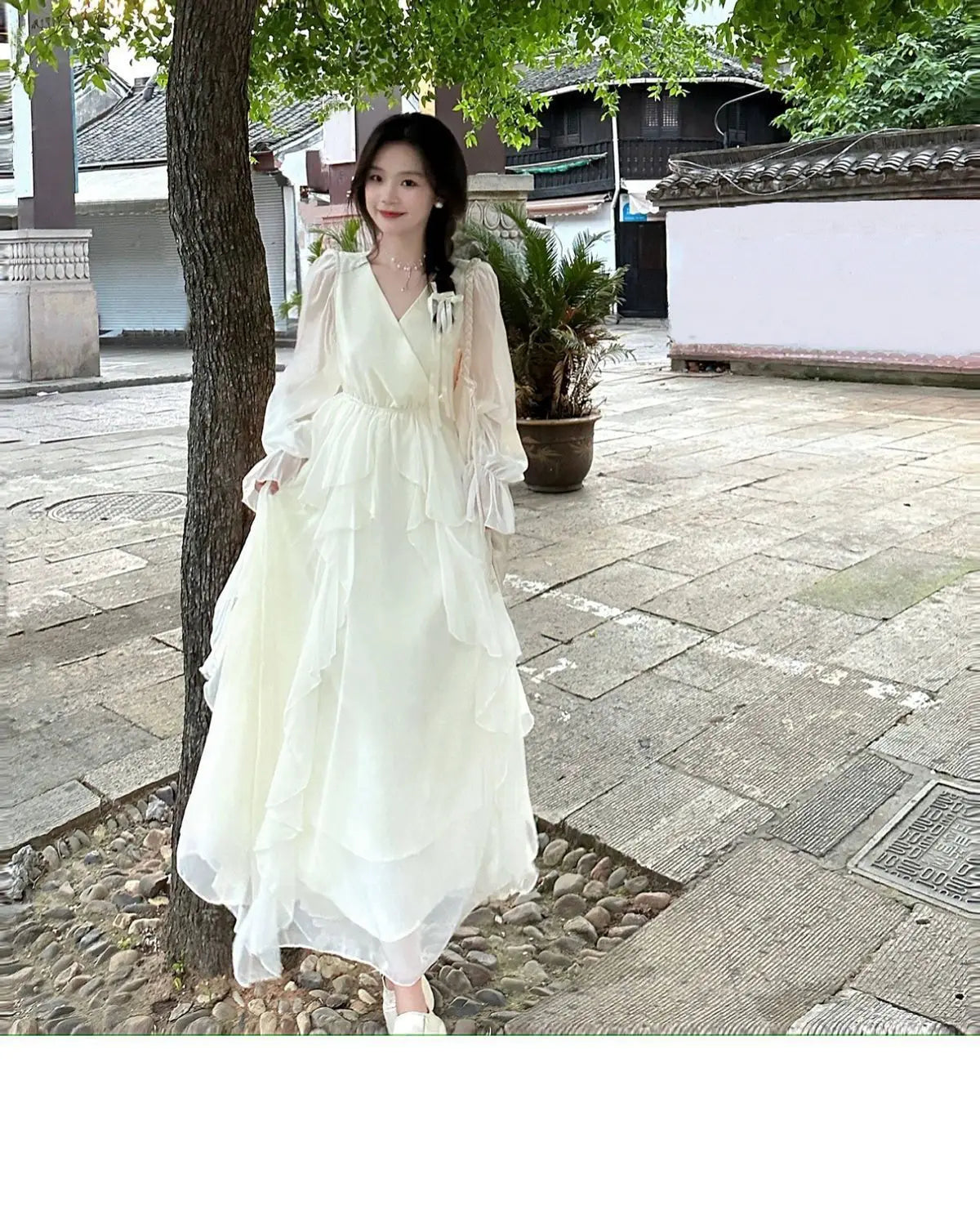 AIERTU  -  Spring/summer Women's New Milky White French First Love Long Skirt Fairy Skirt Gentle Style V-neck Slimming Drape Dress Aiertu