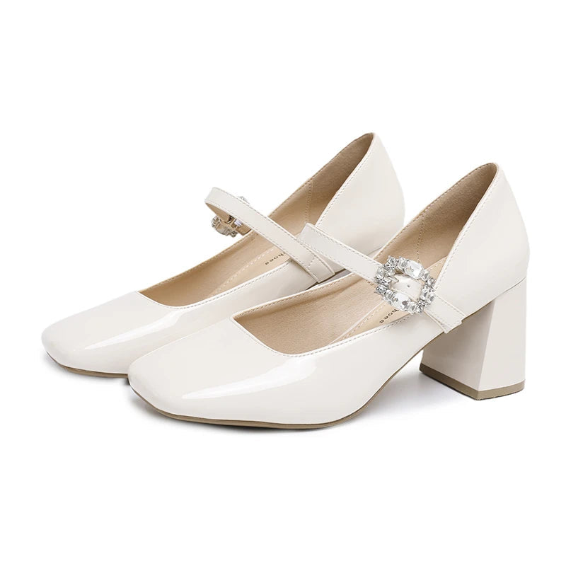 AIERTU  -  Mary Jane Chunky Heel Square Head Simple Single Shoes Women's Patent Leather Strap Diamond Buckle High Heels Spring Autumn Aiertu