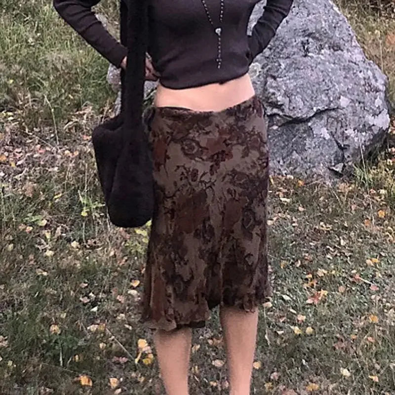 Aiertu Harajuku Vintage Long Skirts Women Floral Print Gothic Retro Skirts Grunge Aesthetic Streetwear Punk A Line Midi Skirt Aiertu