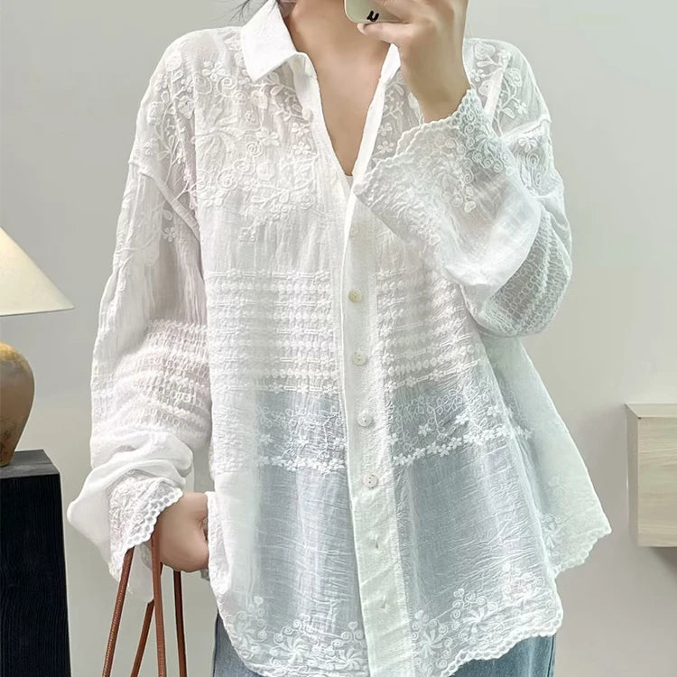 Cotton Floral Embroidery Long Sleeve Loose Tunic Shirt Vintage Retro Chic Rococo Victorian Edwardian Classy Youth Blouse Smock Aiertu