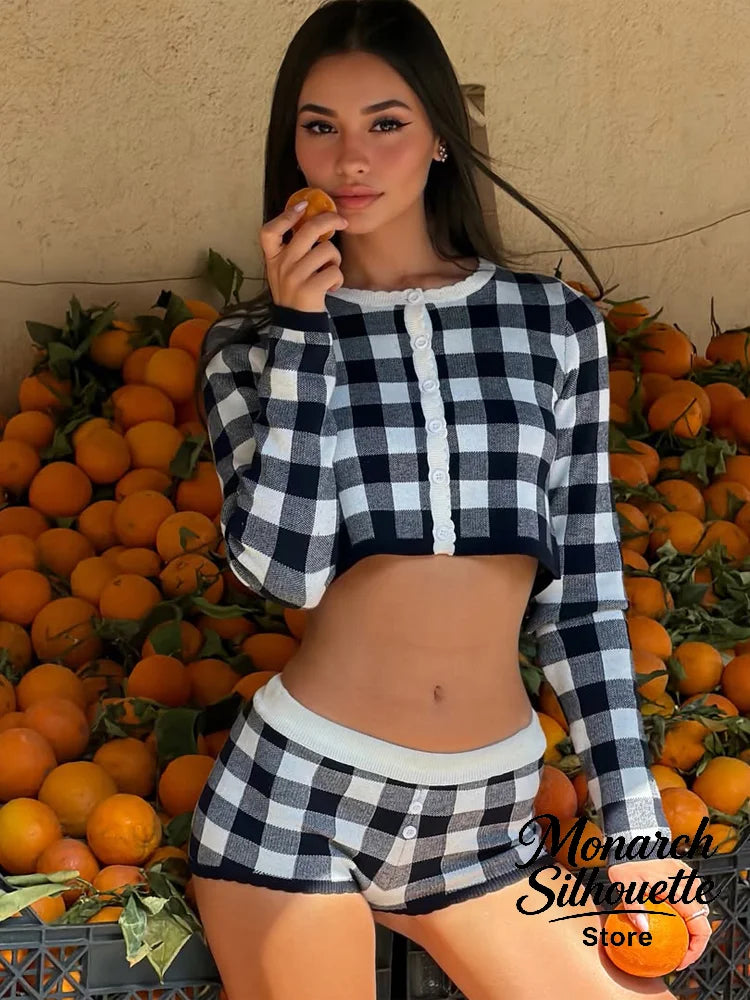 AIERTU  -  Gingham Shorts Two Piece Sets Women Casual Trim Long Sleeve Crop Cardigan High Waist Suits Lady Home Lounge Matching Outfit Aiertu