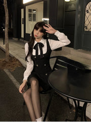 Aiertu Autumn Fake Two Dress Women Slim Chic Long Sleeve Bow Casual Y2k Mini Dress Female Korean Fashion Elegant Short Party Dress Aiertu