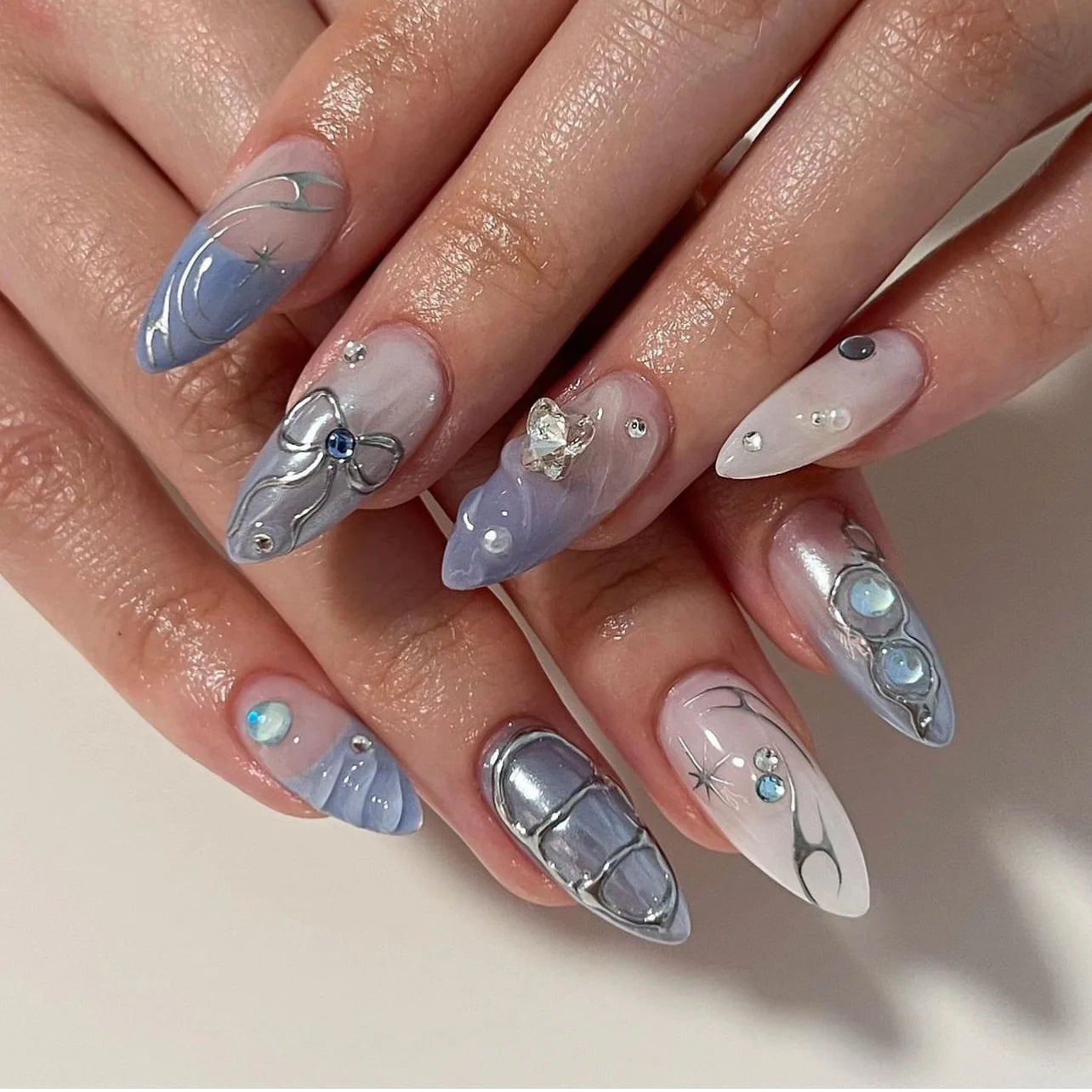 Aiertu 24Pcs Valentine Nails Press on Love Y2k Acrylic Nails Sparkle Butterfly French Cat Eye Almond Full Cover Stick on False Nail Tip Aiertu