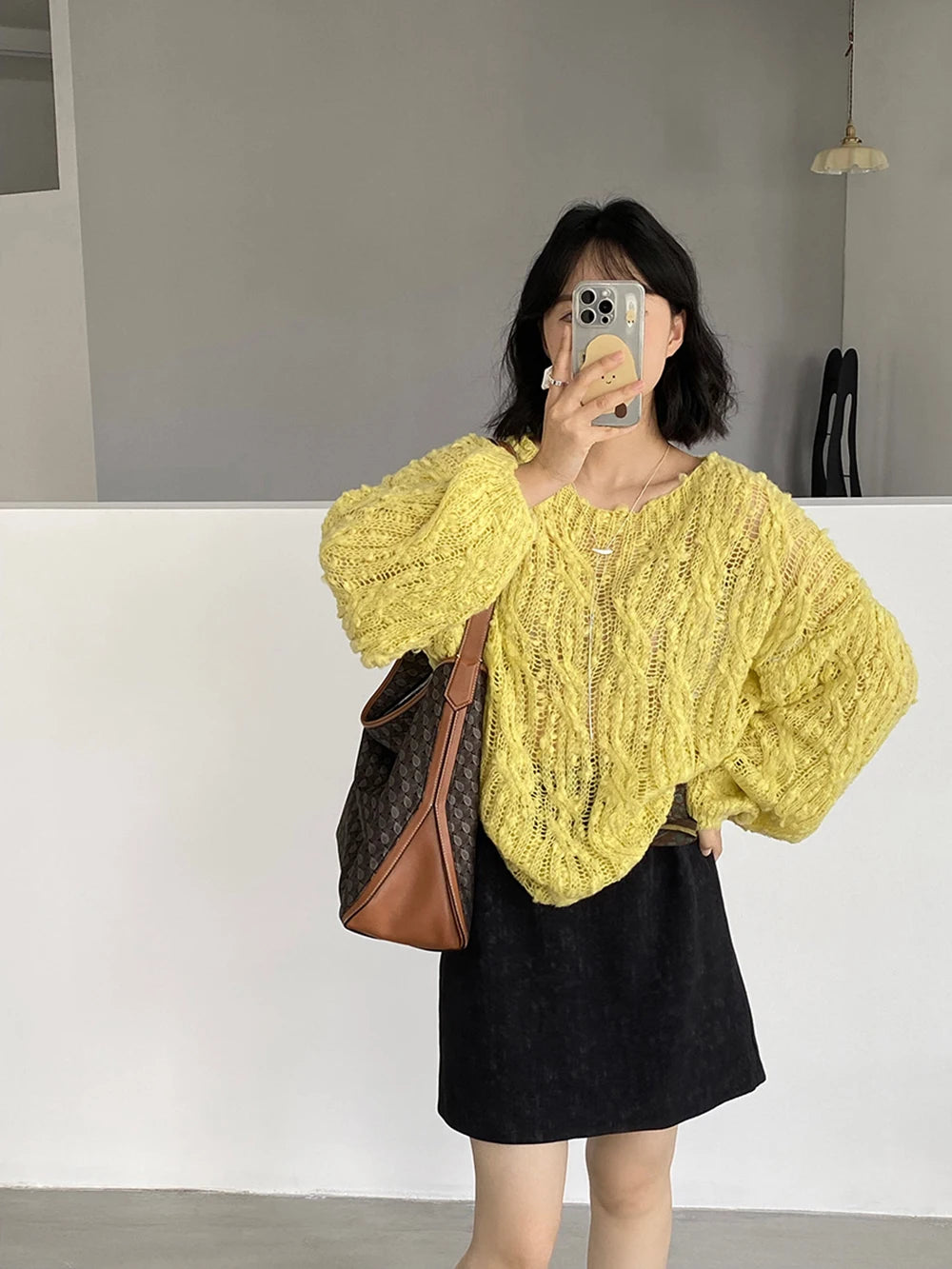 AIERTU  -  Loose Knitted Hollow Out Sweater Women's Lazy Style Solid Color Lantern Sleeve Pullover Knitwear Female Autumn Winter Tops Aiertu