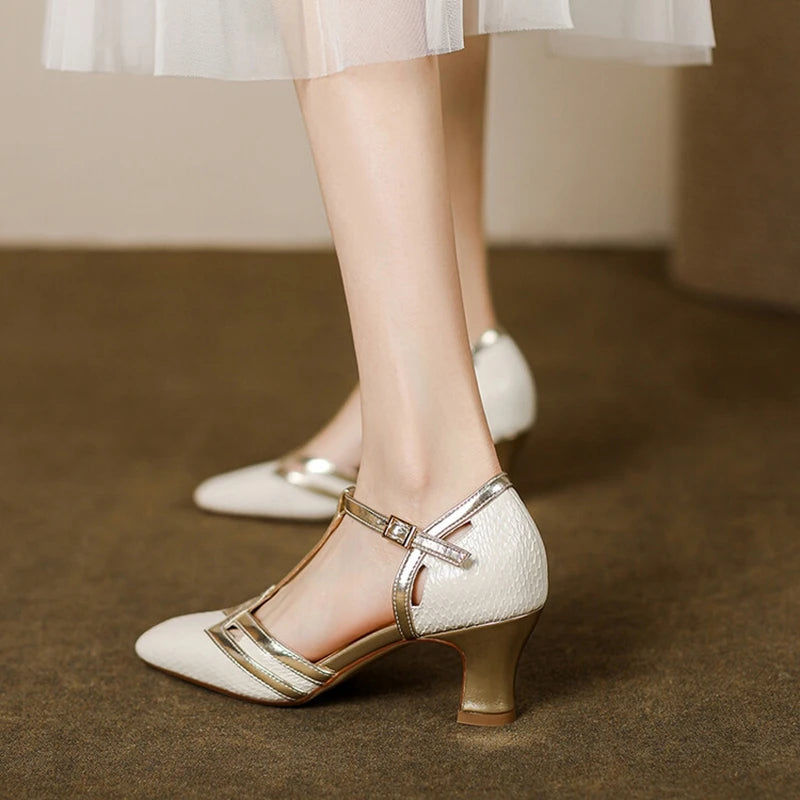 Aiertu Summer Sandals Women Square Toe Chunky Heel Women Shoes Genuine Leather Shoes Retro High Heel Designer Sandals Aiertu