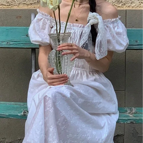 AIERTU  -  Retro Korean Style U-Neck Bubble Sleeve White Dress Women's Summer New Waist Cinched Maxi Freshwater Pearl Dress Aiertu