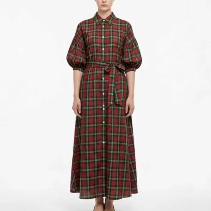 AIERTU  -   Women's New Christmas Elements Green Red Plaid Long Casual Fashion Shirt Dress Long Dress Aiertu