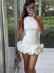 Sexy White Pleated Ruffles Mini Dresses Women Chic Round Neck Sleeveless Slim Fit Short Dress 2024 New Lady Club Party Vestidos Aiertu