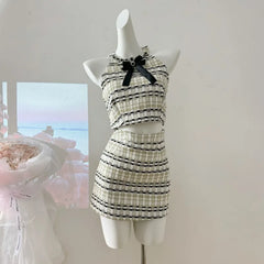 Aiertu French Luxury Small Fragrance Tweed Two Piece Set Women Sweet Crop Top + Skirt Suits Korean Hotsweet Sexy Summer 2 Piece Sets Aiertu