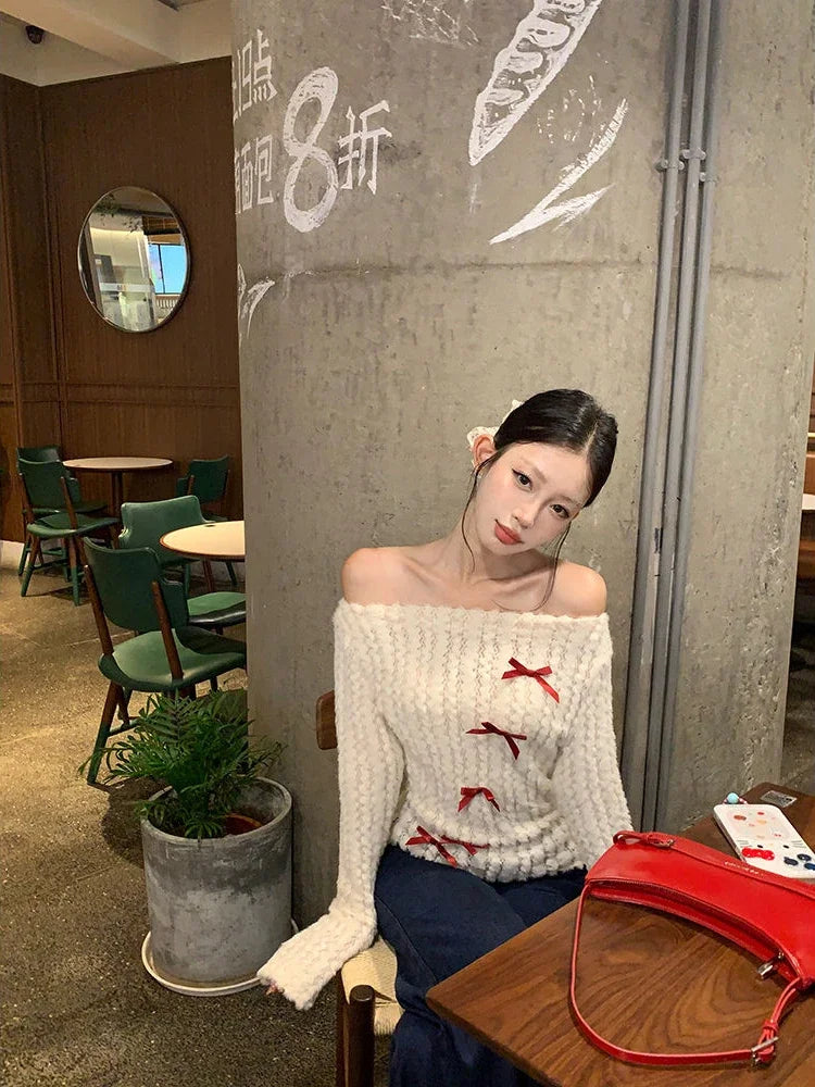 Aiertu Sweet Bow Knitted Pullover Women Off Shoulder Sexy Long Sleeve Sweaters Korean Style Kawaii Autumn Winter Pullovers Aiertu