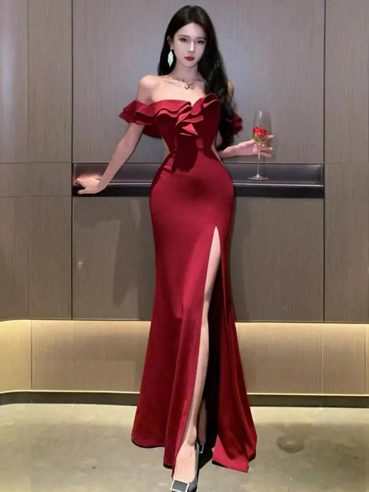 Aiertu DRESS TO IMPRESS Red Sexy Club Backless High Split Ruffles Wrapped Hip Dress Elegant Luxury Off Shoulder Party Evening Dresses Women Summer aiertu