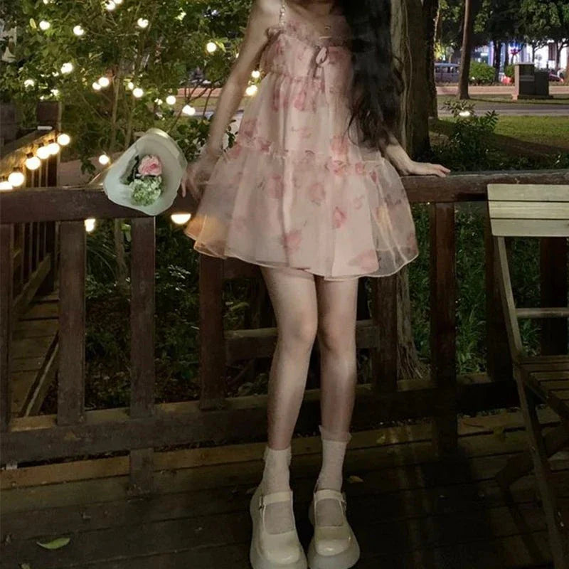 Aiertu - Roses and Petals and Thorns Pink Floral Mini Dress Goth Dress Dark Academia Kawaii Academia Y2K Cottagecore Coquette Fairycore Dollette Princesscore Aiertu