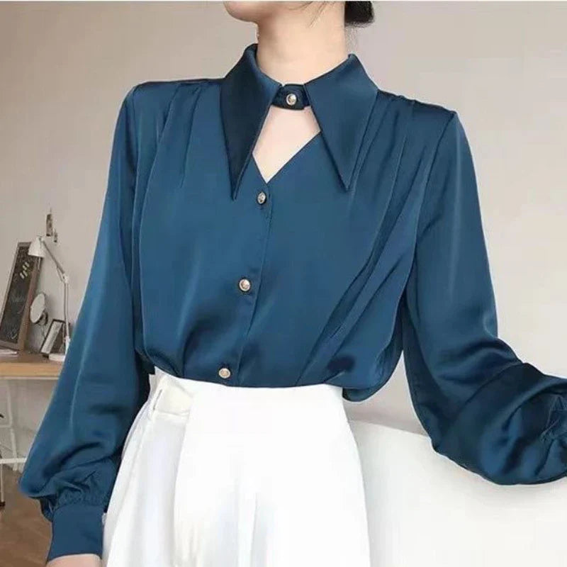 Aiertu Casual Shirts Women Fashion Romantic Solid Soft V-Neck Streetwear Spring All-match Hollow Out Retro European Style Simple Design aiertu