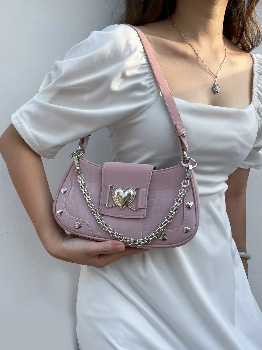 Hot Grils Y2k Handbag Women Vintage Sweet Cool Heart Chain Pink Underarm Bag Female Fairycore Aesthetic Shoulder Bag new Aiertu