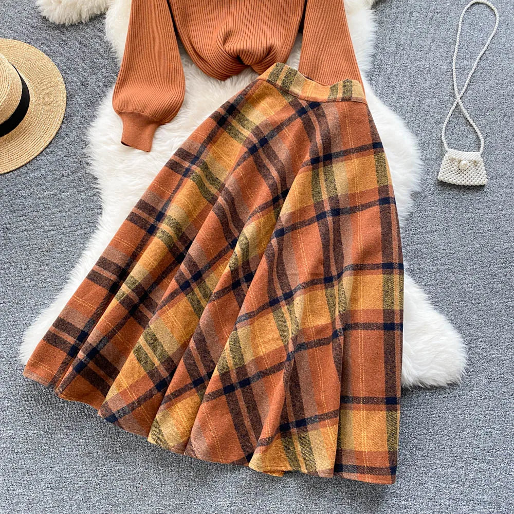 Aiertu  Women Retro Sweater Suits Fashion Lantern Sleeve Sheath Knitted Top+Elastic Loose Long Skirt Two Pieces Sets Aiertu