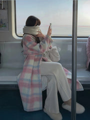 Aiertu Winter Rainbow Woollen Coats Women Casual Warm Loose Plaid Long Coats Female Korean Fashion Office Lady Trench Jackets Y2k Aiertu