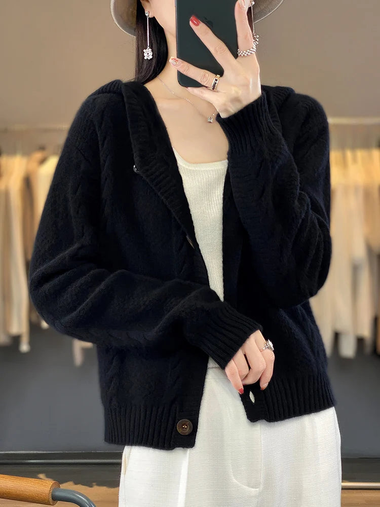 Women's Cardigan Autumn Winter High Quality Soft 100% Merino Wool Sweater Twist Flower Cashmere Knitted Hoodie Korean Aiertu