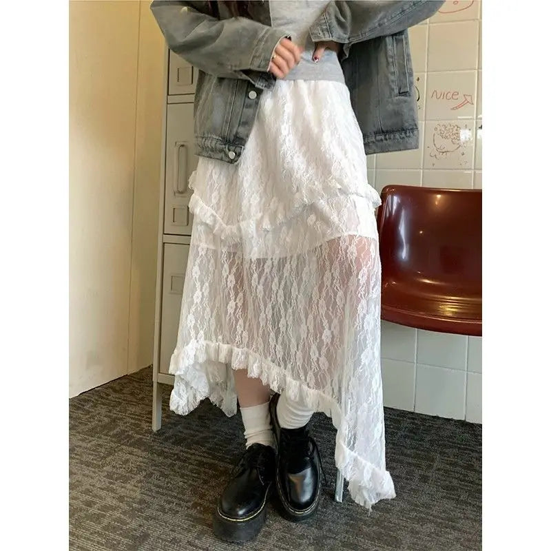 Aiertu Lace Fairycore Tulle Women Skirt Sweet Ruffle White Skirts Vintage Korean Style Streetwear Patchwork Irregular Skirt Aiertu