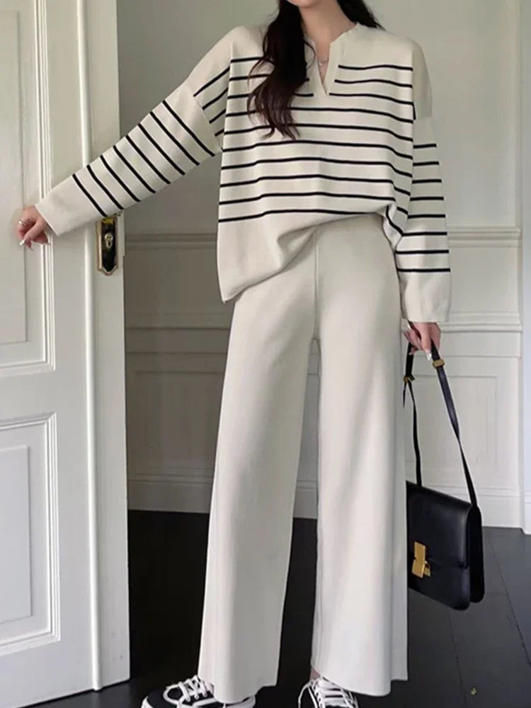 Women Casual Knit Two Piece Set Striped Long Sleeve Loose Pullover Sweater and Pants Fall Sets Office Winter Women Outfit Aiertu