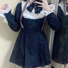 Japanese Punk Style Y2k Lolita OP Dress Women Vintage Elegant Ruffle Bow Lace Evening Party Dresses Female High Waist Slim Dress Aiertu