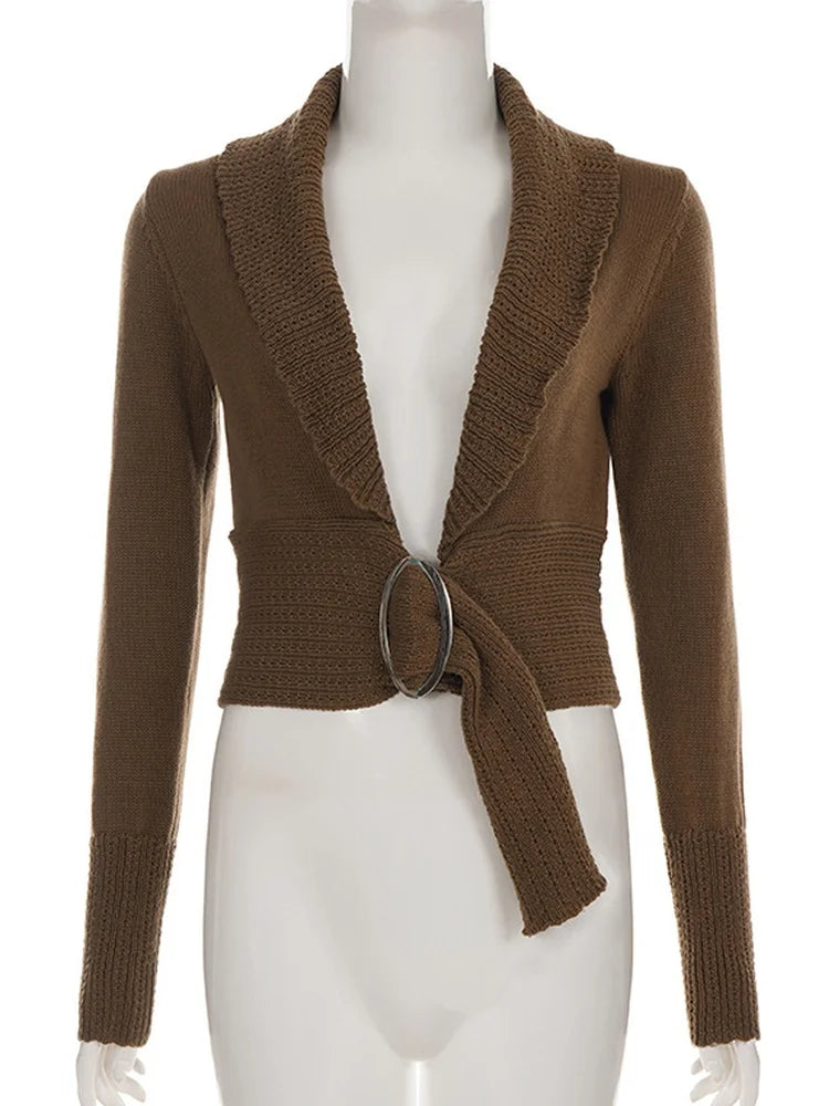 AIERTU  -  Brown Chunky Knit Shawl Collar Cardigan Long Sleeve Cropped Open Front Belted Daily Casual Streetwear Chunky Rib Cardigan Aiertu