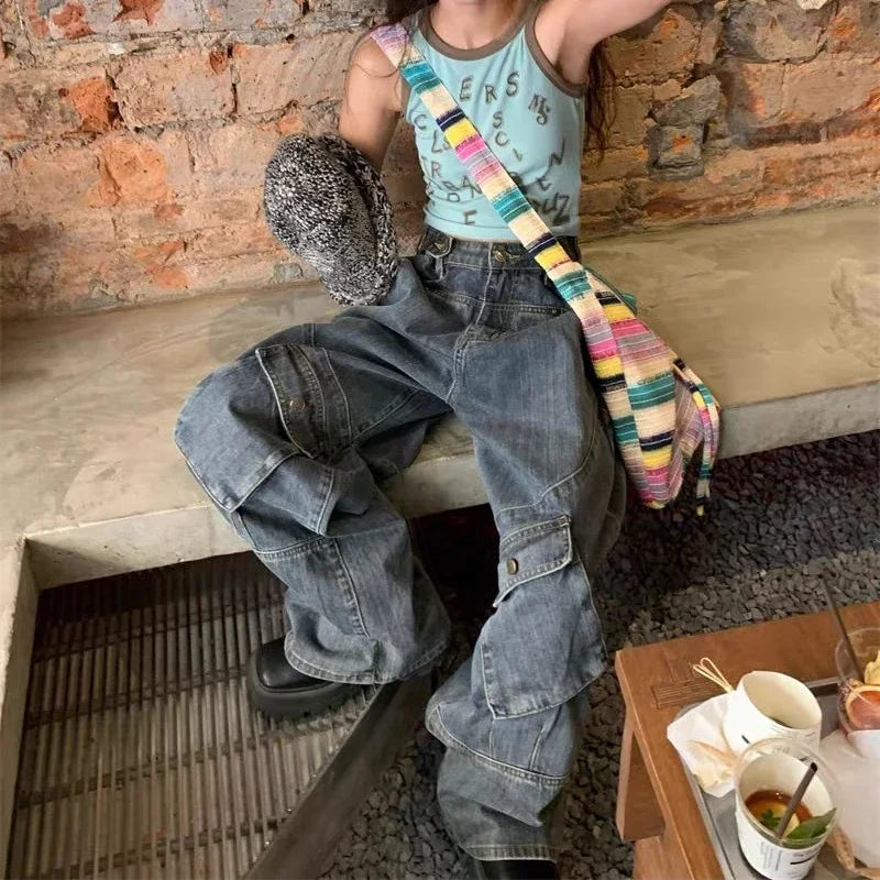 Aiertu Harajuku Vintage Cargo Jeans Women Oversize Y2K Grunge Black Baggy Denim Pants Hip Hop Streetwear Wide Leg Trousers Aiertu