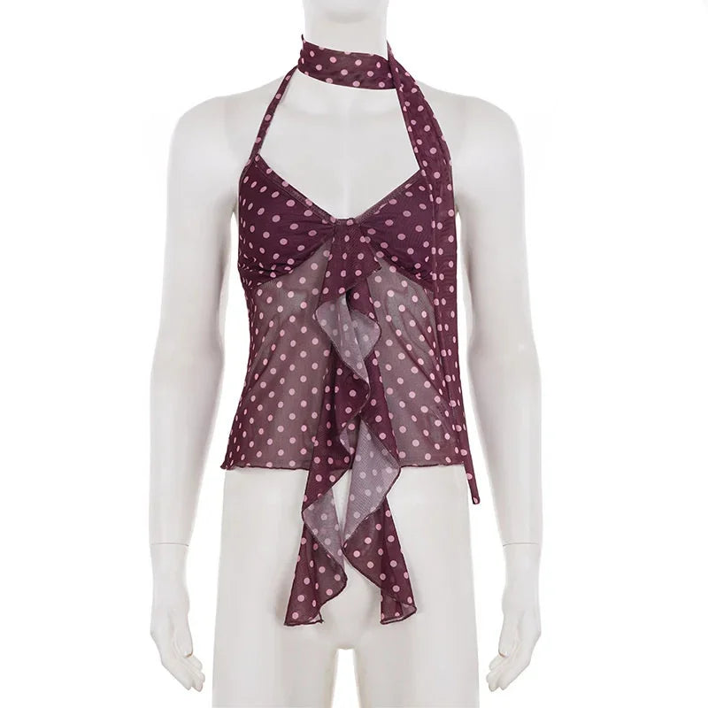 AIERTU  -  Vintage Polka Dot Lettuce Edge Aline Halter Tie Cami Mesh Splice Sleeveless Top For Women Party Date Night Romantic Birthday Aiertu