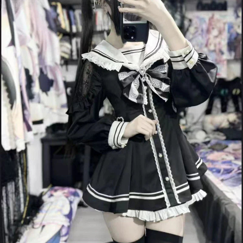 Aiertu DRESS TO IMPRESS Japanese Black Gothic Y2k Lolita Bow Dress Shorts Set Women Vintage Sweet Long Sleeve Shirt Party Dresses Slim Mini Dress 2000s Aiertu