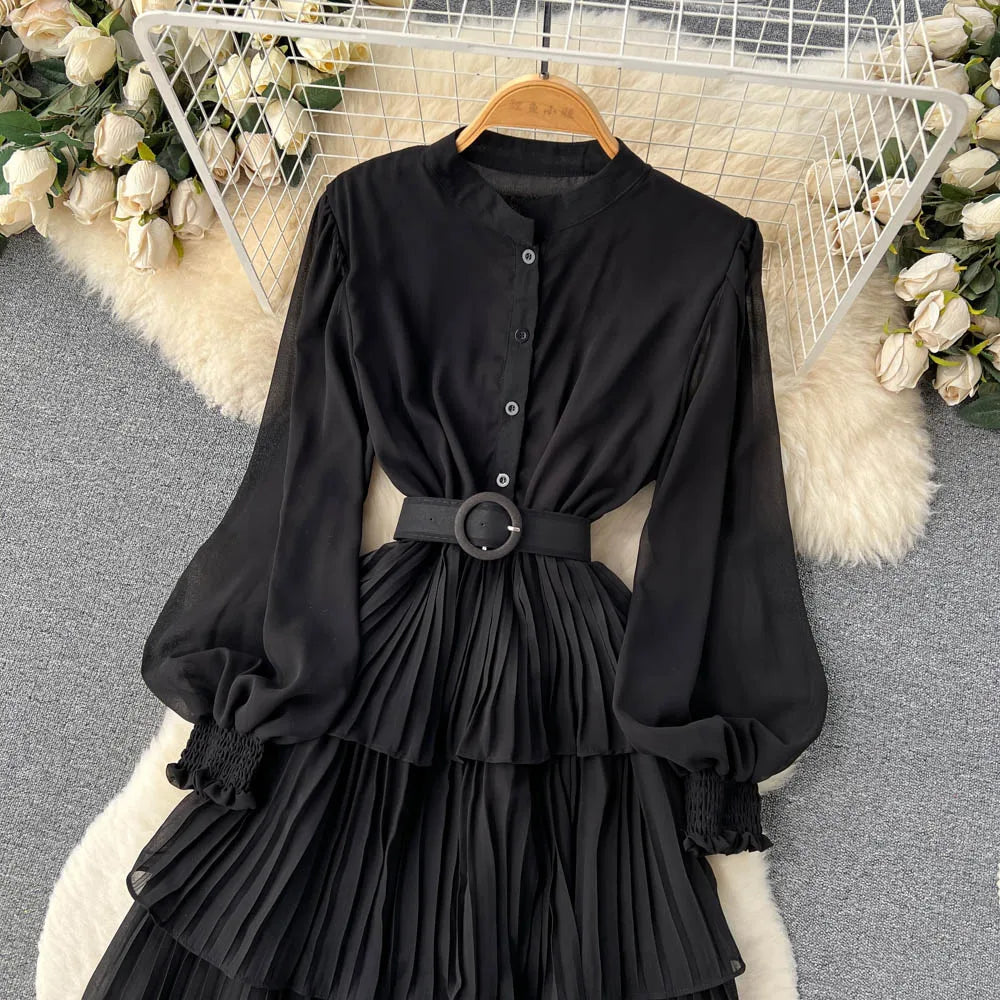 Aiertu Spring French Style Chiffon Long Dress 2023 Long Sleeve Single Breasted Fashion Belt Women A-Line Elegant Party Dress Aiertu