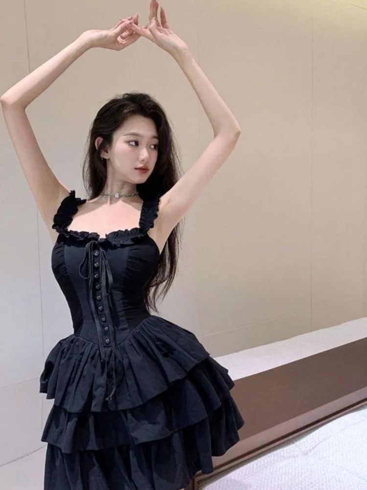 Aiertu Gothic Goth Harajuku Sexy Slip Dress Ruffles Y2k Streetwear Dark Punk Cake Dresses Party Korean Fashion  Summer Aiertu