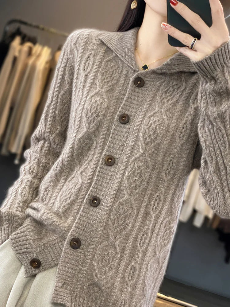 Autumn Winter Coat Women Turn-down Collar Cardigans Sweater 100% Merino Wool Knitwear Loose Twist Flower Cashmere Clothing Tops Aiertu