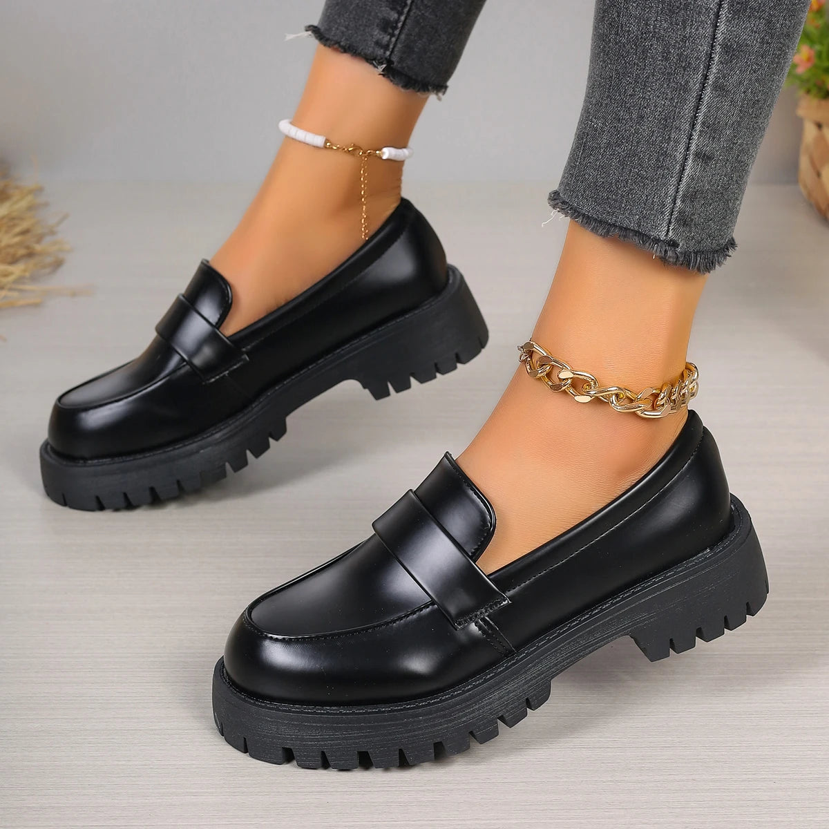Women Platform Vintage Shoes Black Oxford Shoes Autumn Vintage Bronze PU Leather Loafers Women Fashion Female Thick Sole Shoes Aiertu