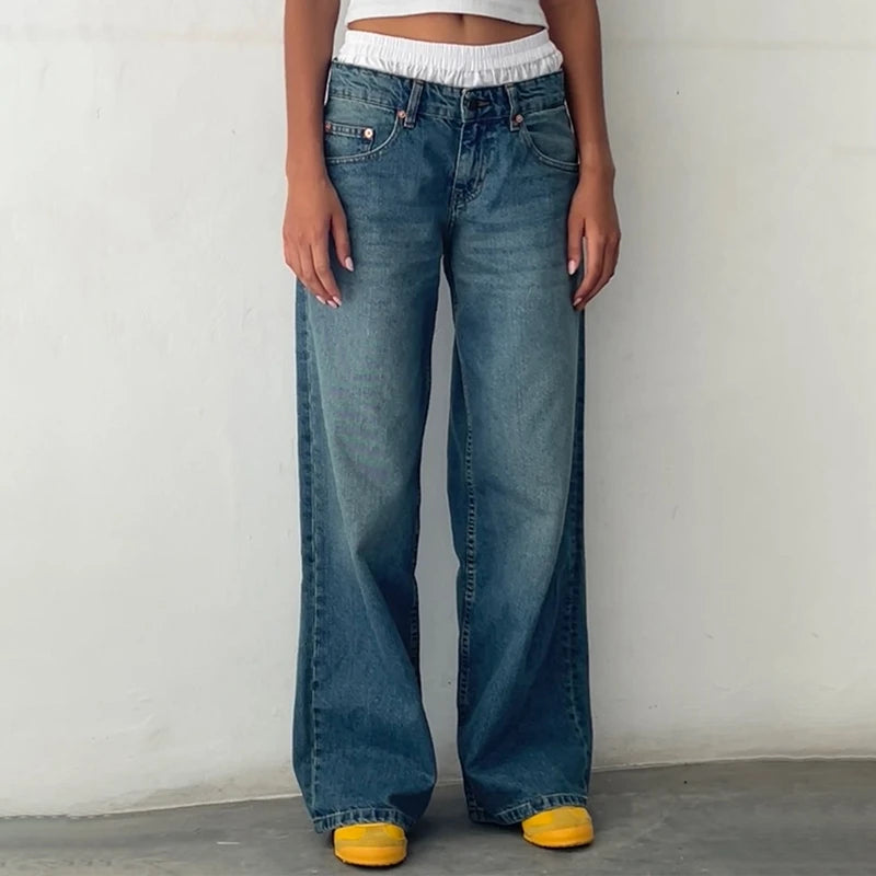 AIERTU  -  Women Y2K Low Rise Baggy Jeans Retro Aesthetic Loose Fit Boyfriend Straight Wide Leg Jeans Trendy Stretch Long Denim Pants Aiertu