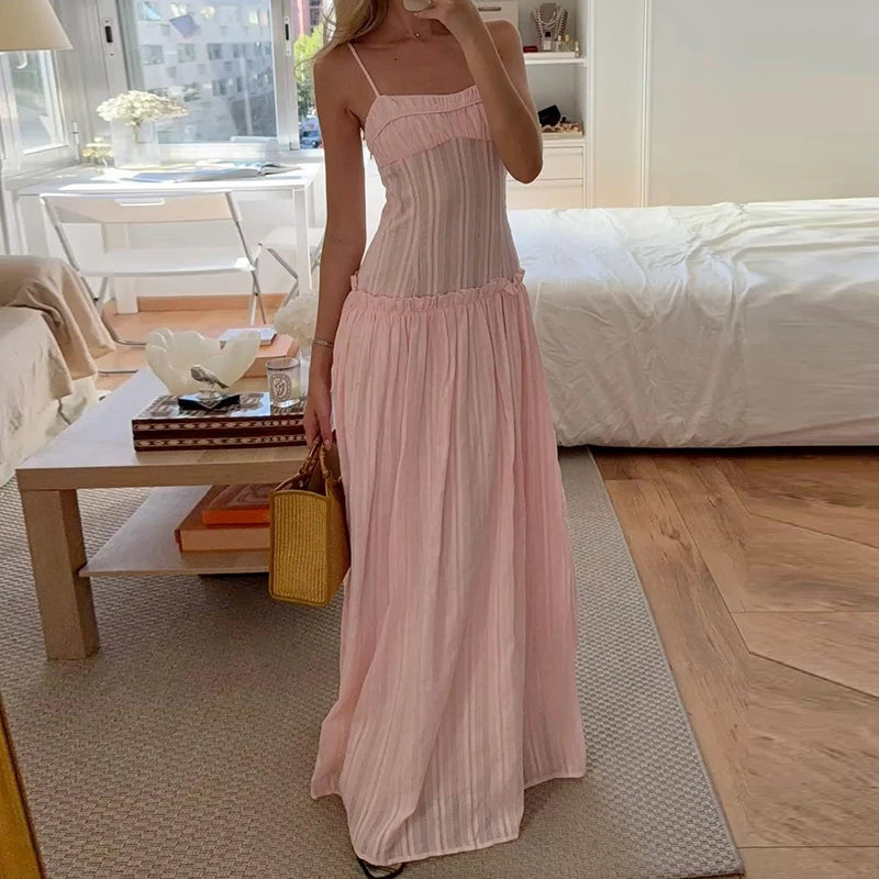 AIERTU  -  Women Y2K Maxi Dress Elegent Spaghetti Strap Square Neck Pleated Front Flowy Long Dress Summer Backless Ruched Ruffle Hem Dress Aiertu