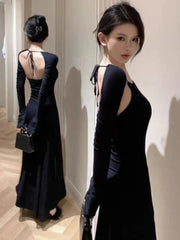Aiertu Vintage Elegant Halter Bcakless Black Long Dress Women Retro Wrap Party Long Sleeve Maxi Dresses 2024 Spring Aiertu