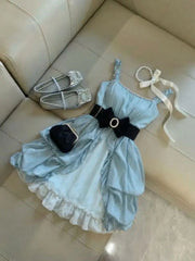 AIERTU  -  Vintage Sweet French Rhinestone Spaghetti Strap Mini Dress Women Slim Fit Ruched Bow Belt Ruffle Hem Elegant Party Clubwear Aiertu