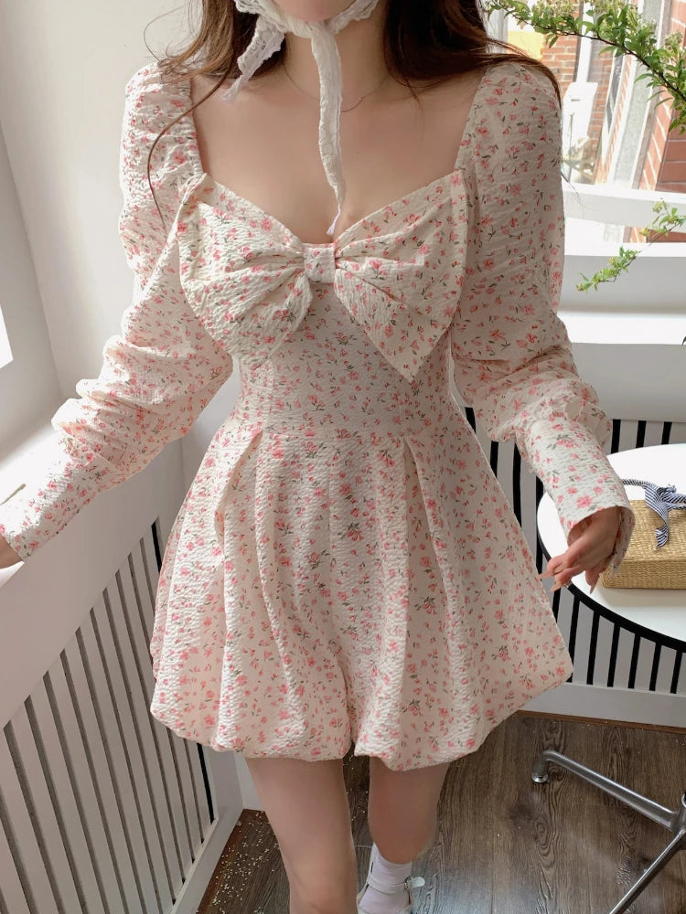 Aiertu Japanese Sweet Floral Lolita Dress Women Bow Chic Elegant Beach Party Dresses Ladies Y2k Pink Kawaii Summer One-piece Dress Aiertu