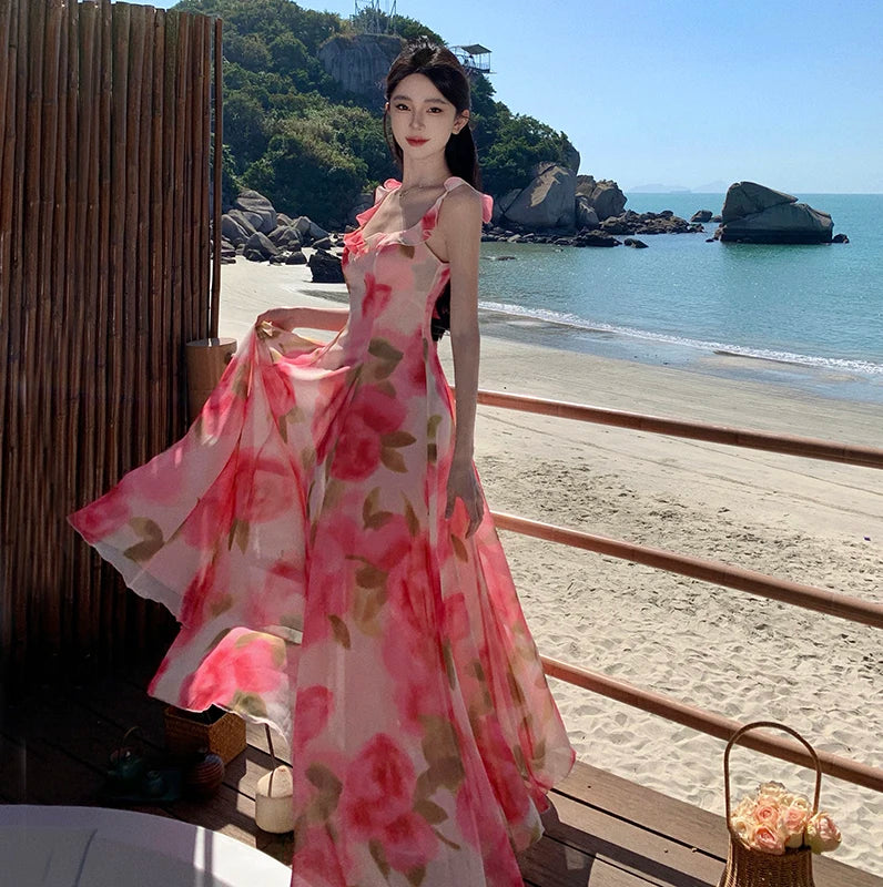 Aiertu Women Pink Floral Ruffles Slip Dress Summer Printed Festival Long Dresses Backless Slim Elegant Evening Party Sundress Boho Aiertu