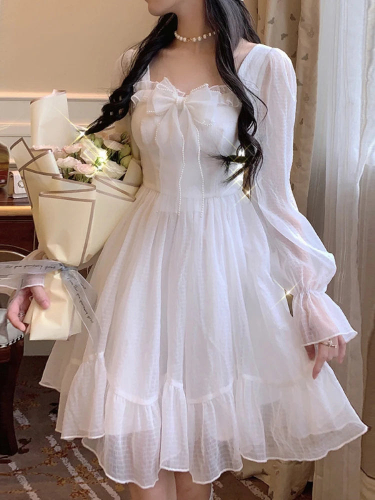 Aiertu White Kawaii Dress Women Chiffon Lolita Style Long Sleeve Mini Dresses Bow Fairy Robe Ruffles Patchwork Square Collar Aiertu