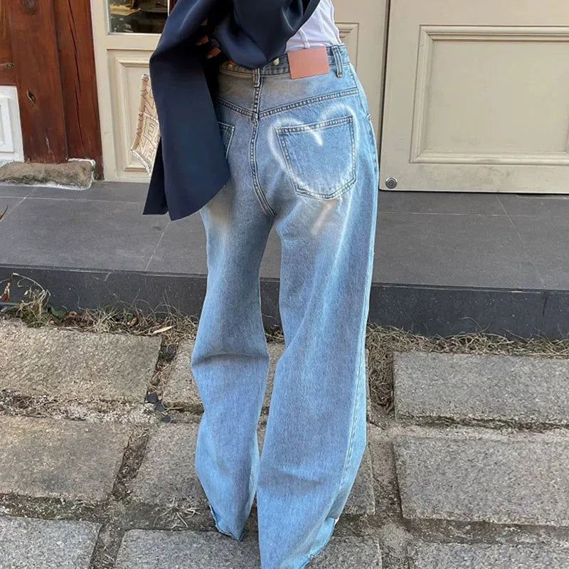Aiertu Women Jeans with Heart Vintage Y2k 90s Aesthetic Baggy Denim Trouser 2000s Harajuku Kawaii Wide Cowboy Pants Trashy Clothes 2024 Aiertu