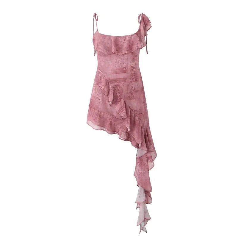 Aiertu 2024 New Launch Women Tie-dye Printed Sheath Dress Retro style Asymmetrical Tiered Ruffles Elastic Halter Mini Dress Aiertu