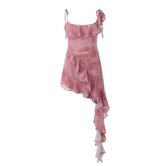 Aiertu 2024 New Launch Women Tie-dye Printed Sheath Dress Retro style Asymmetrical Tiered Ruffles Elastic Halter Mini Dress Aiertu