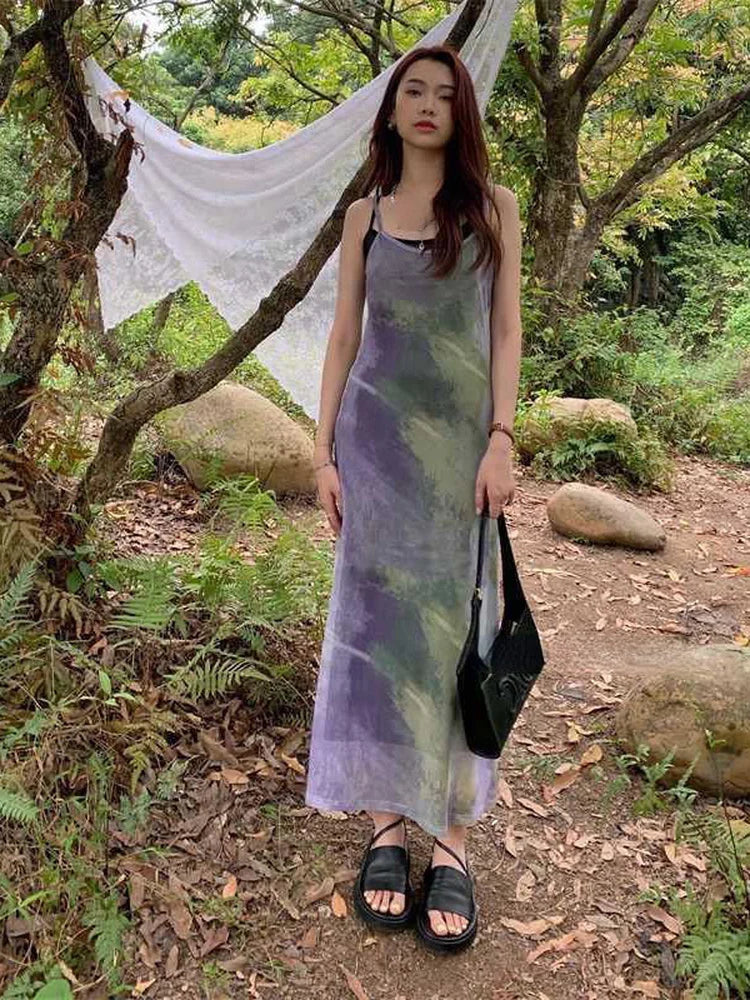 Aiertu Vintage Tie Dye Print Mesh Dress Women Sexy Y2k Spaghetti Strap Maxi Dresses Korean Fashion 2 Piece Set Robe Vestidos Aiertu