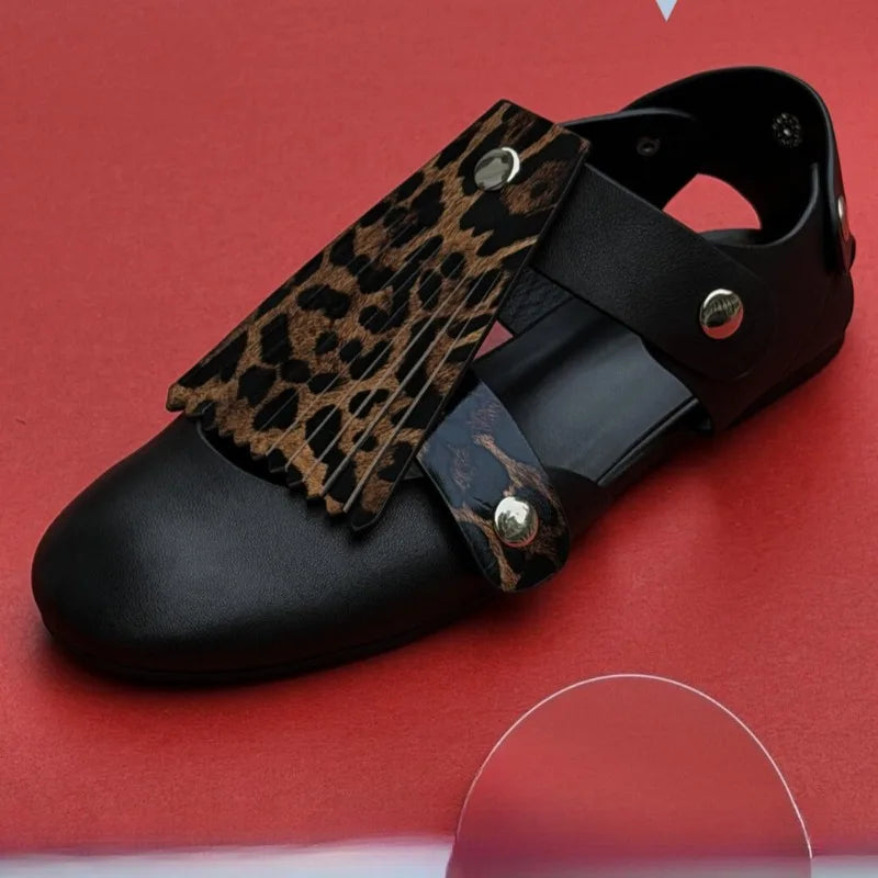 AIERTU  -  Tassel Metal Decoration Ballet Flats Women Round Toe Details Comfort College Mary Jane Shoes Leopard Print Retro Women's Shoes Aiertu