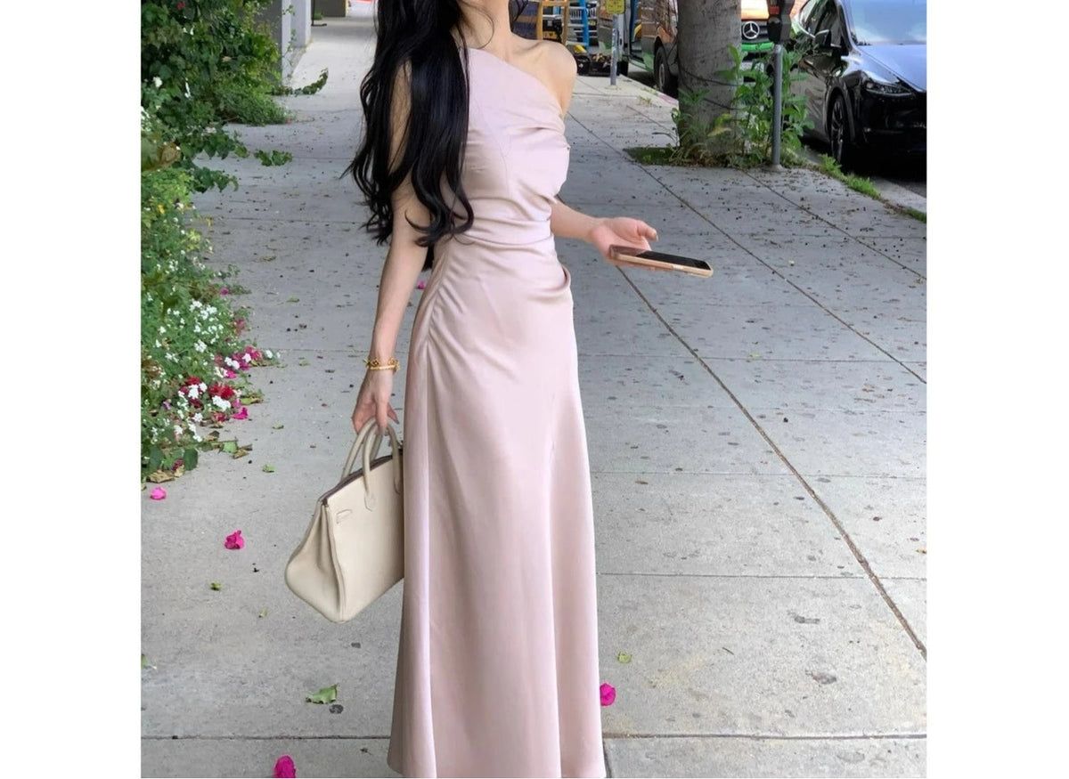 AIERTU  -  Summer New Simple Dress with Feminine Temperament Slanted Shoulder Bag Buttocks Long Skirt Dress Aiertu
